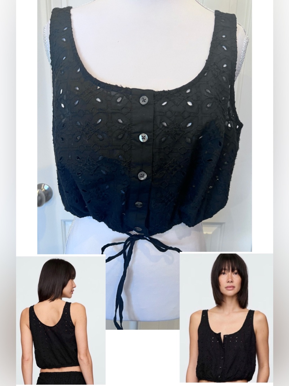 NWT GAP Black Eyelet Button Front Tie Hem Camisole Cinched Hem Crop Top Small